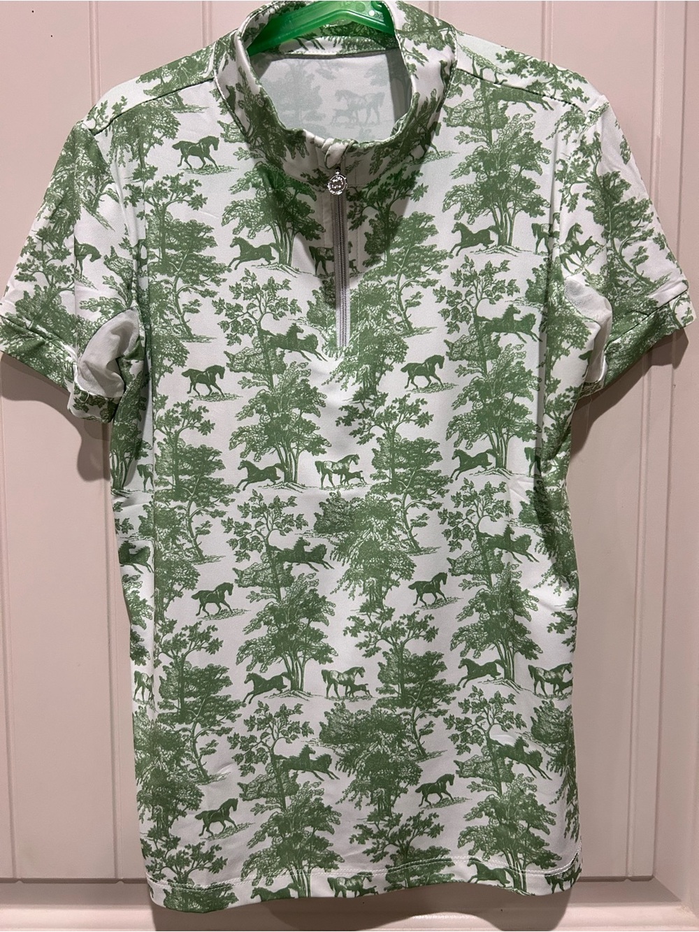 Dapplebay Kids Green Equestrian Toile 1/4 Zip Short Sleeve Riding Top